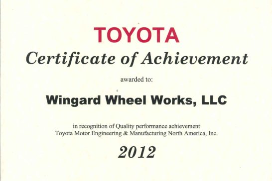 Toyota Certificate of Achievement